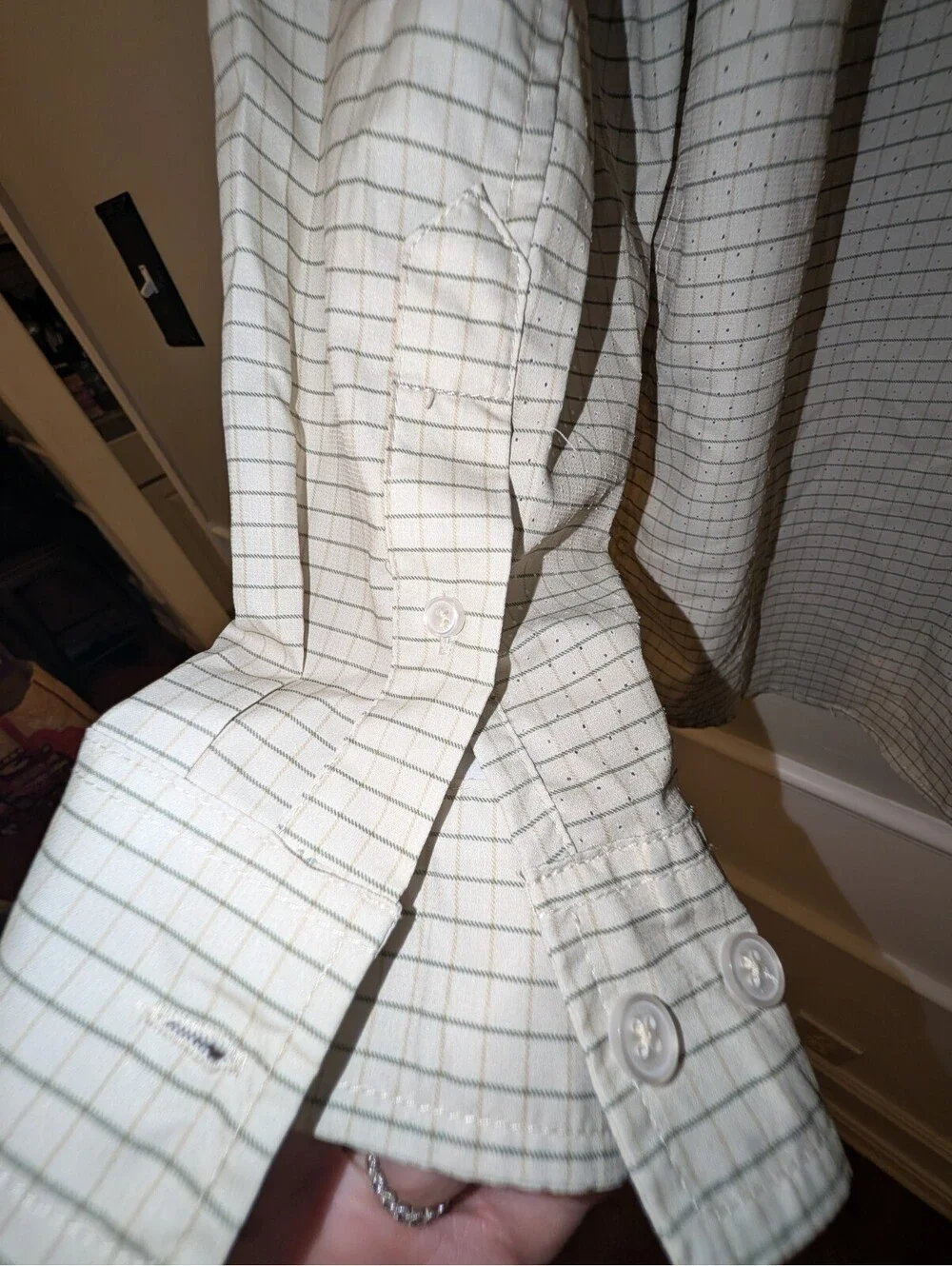 Huk Mens Long Sleeve Button Down Shirt Beige Check Button Front Pocket Size L